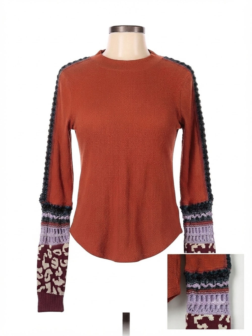 Free People Womens Rust Mixed-Sleeve Knit Top